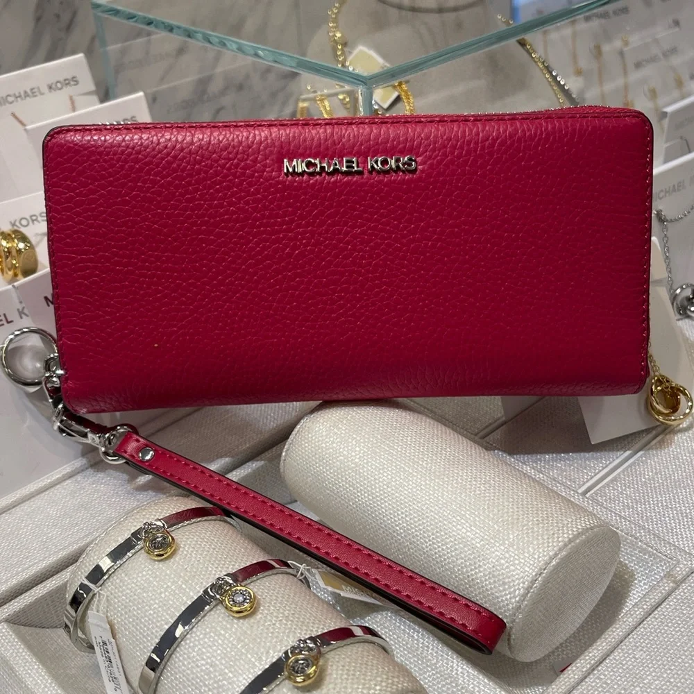MICHAEL KORS Lg Pebbled Leather Continental Wallet Wristlet Phone Dark Raspberry